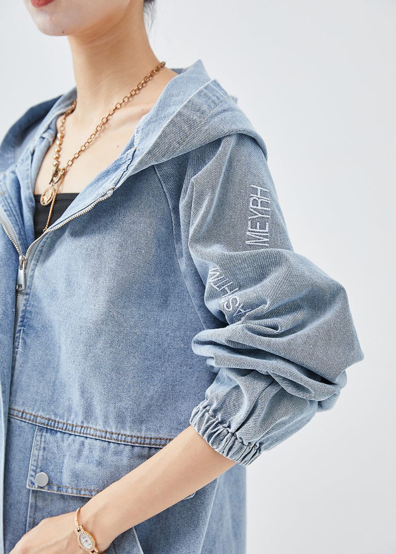 Diy Blå Hooded Brev Broderad Denim Coat Fall - Vinterkappor för kvinnor