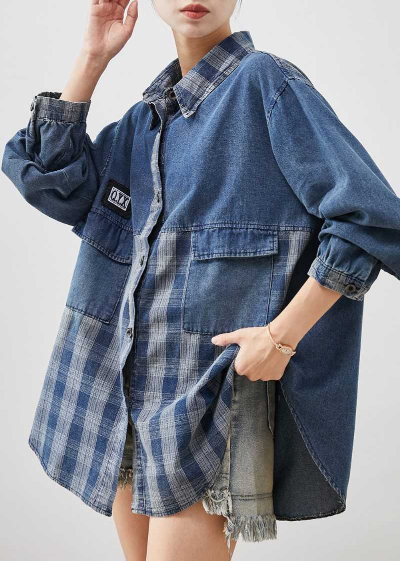 Diy Blue Oversized Patchwork Pläda Jeansrockar Våren