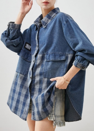 Diy Blue Oversized Patchwork Pläda Jeansrockar Våren