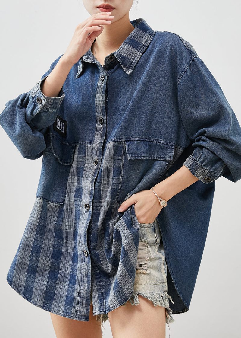 Diy Blue Oversized Patchwork Pläda Jeansrockar Våren - Vinterkappor för kvinnor