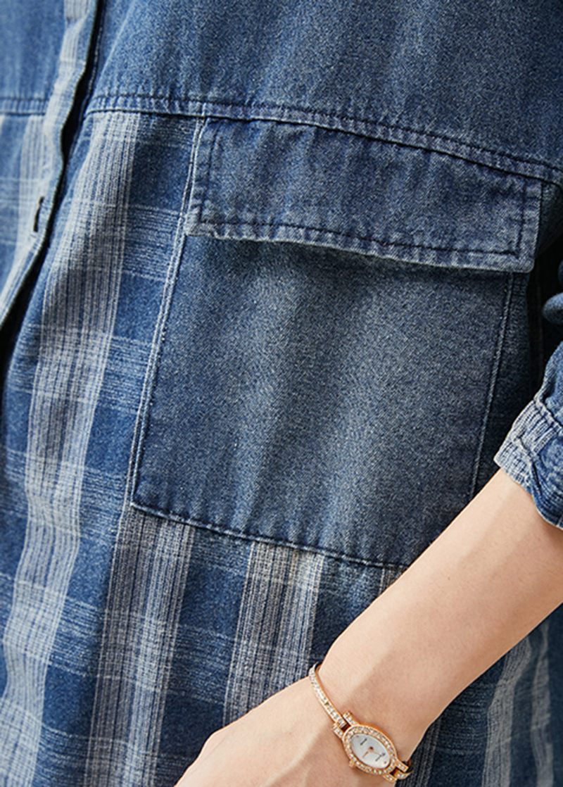 Diy Blue Oversized Patchwork Pläda Jeansrockar Våren - Vinterkappor för kvinnor