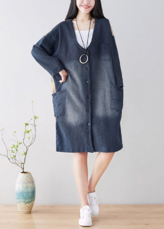 Diy Blue V-hals Patchwork Trenchcoats Vår