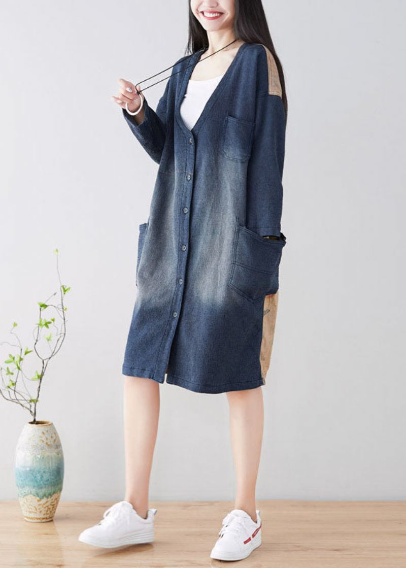 Diy Blue V-hals Patchwork Trenchcoats Vår - Blå