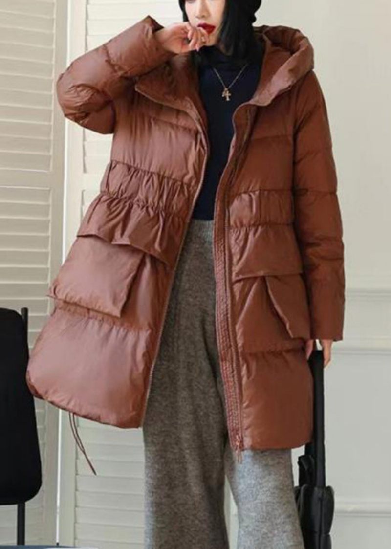 Diy Brown Hooded Patchwork Ruffled Duck Down Puffer Coat Winter