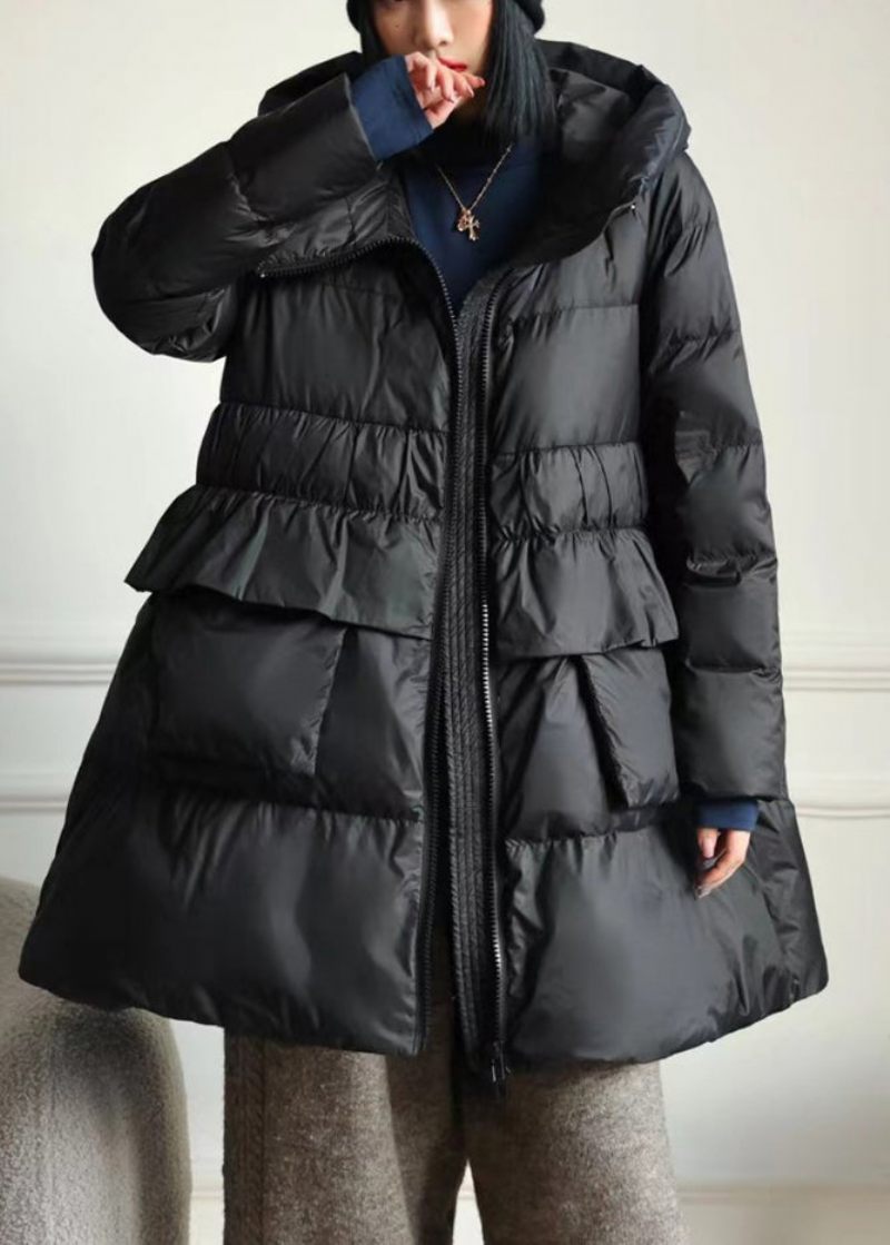 Diy Brown Hooded Patchwork Ruffled Duck Down Puffer Coat Winter - Dunjackor för kvinnor