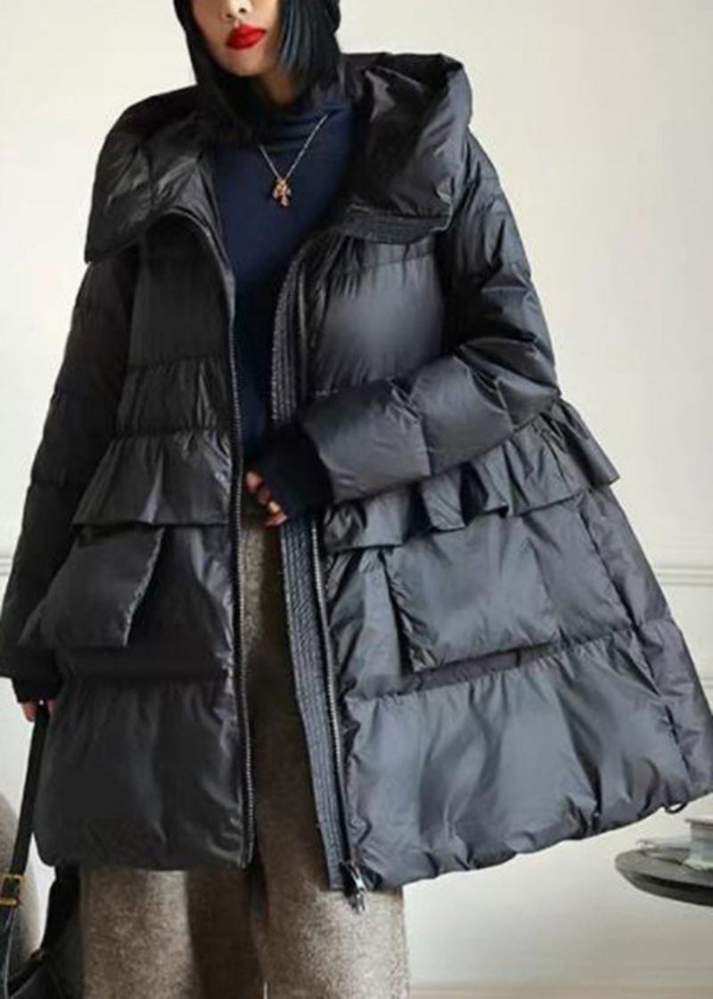 Diy Brown Hooded Patchwork Ruffled Duck Down Puffer Coat Winter - Dunjackor för kvinnor