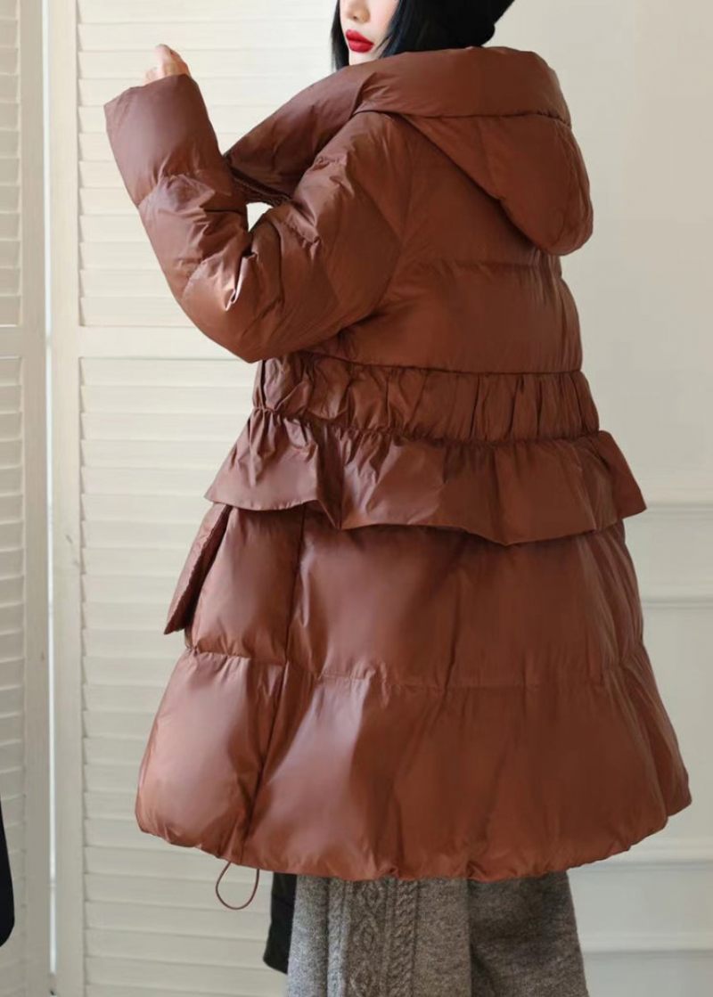 Diy Brown Hooded Patchwork Ruffled Duck Down Puffer Coat Winter - Dunjackor för kvinnor