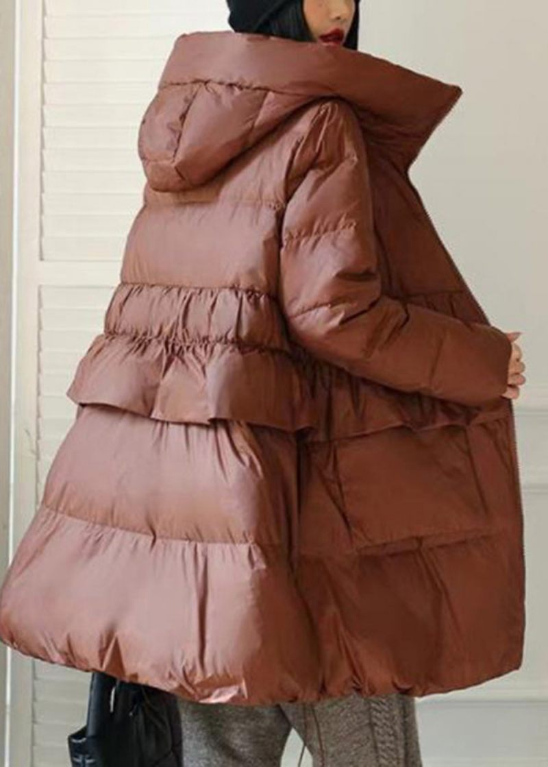 Diy Brown Hooded Patchwork Ruffled Duck Down Puffer Coat Winter - Dunjackor för kvinnor