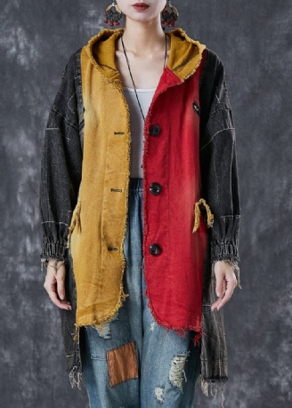 Diy Colorblock Asymmetrisk Patchwork Denim Coat Ytterkläder Spring