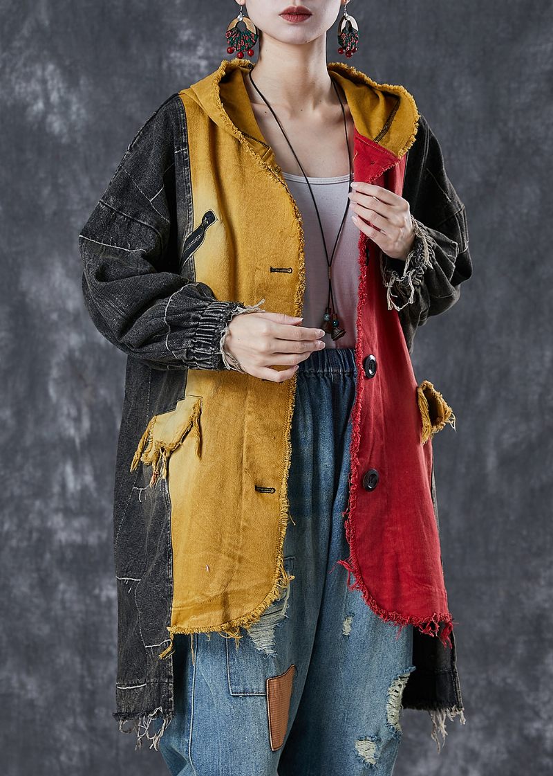 Diy Colorblock Asymmetrisk Patchwork Denim Coat Ytterkläder Spring - Trenchcoats för kvinnor