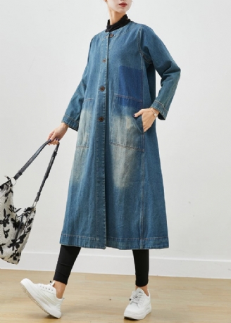 Diy Denim Blå O-halsfickor Bomull Trench Coat Höst