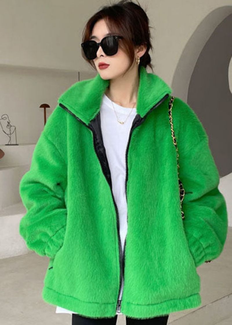 Diy Green Zip Up Mink Sammet Tjock Vinter Ytterkläder