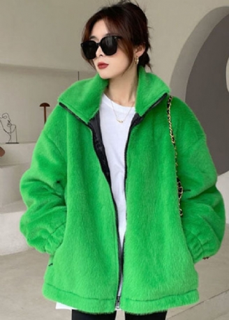 Diy Green Zip Up Mink Sammet Tjock Vinter Ytterkläder