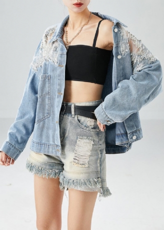 Diy Ljusblå Hollow Out Patchwork Zircon Denim Coat Ytterkläder Höst