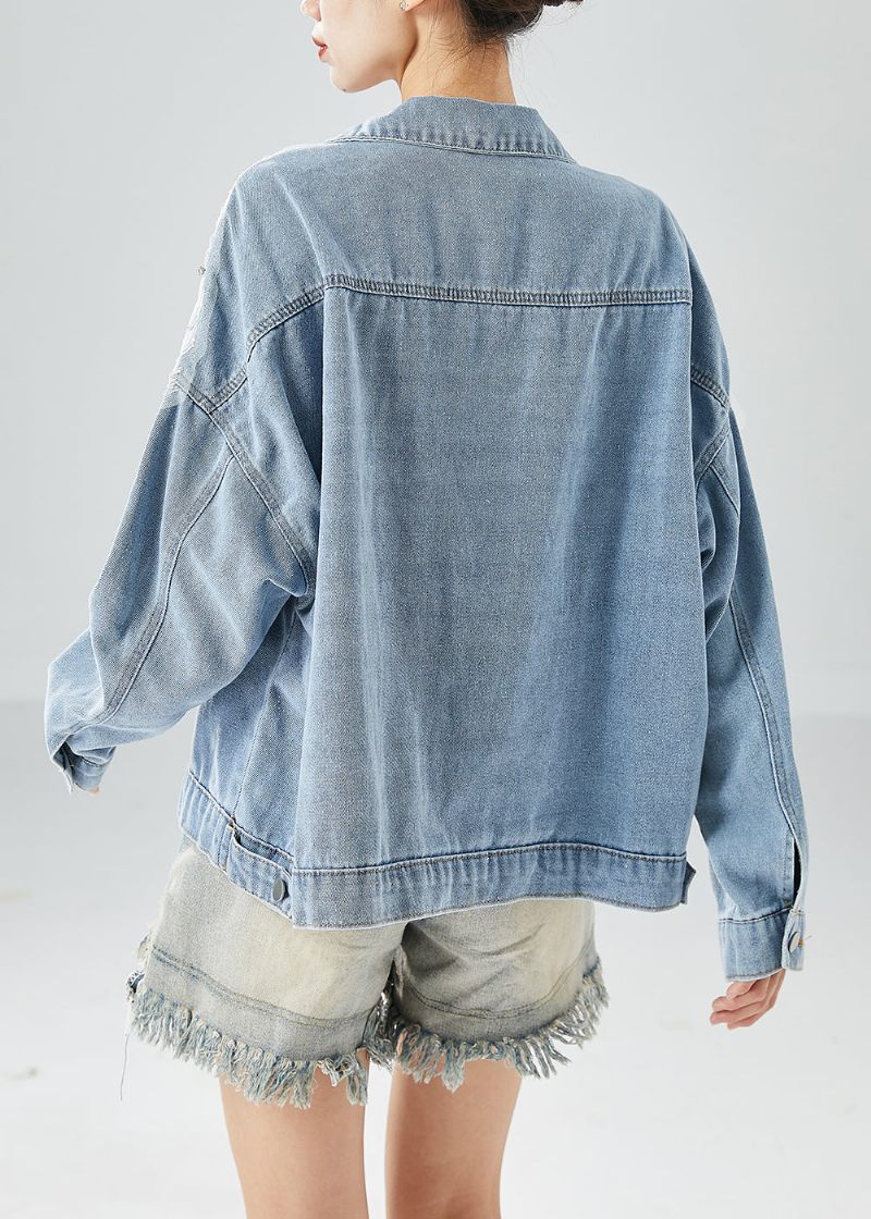 Diy Ljusblå Hollow Out Patchwork Zircon Denim Coat Ytterkläder Höst - Vinterkappor för kvinnor