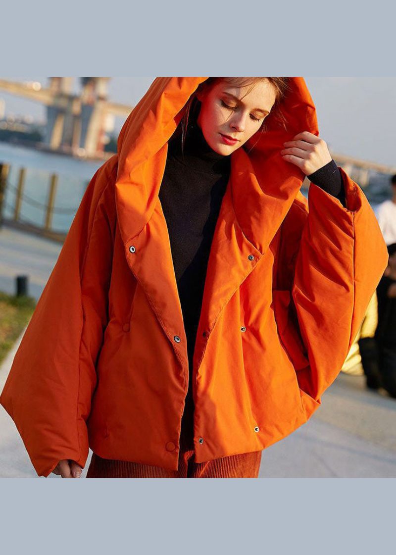 Diy Orange Hooded Oversized Solid Color Duck Down Puffer Coat Batwing Sleeve - Dunjackor för kvinnor