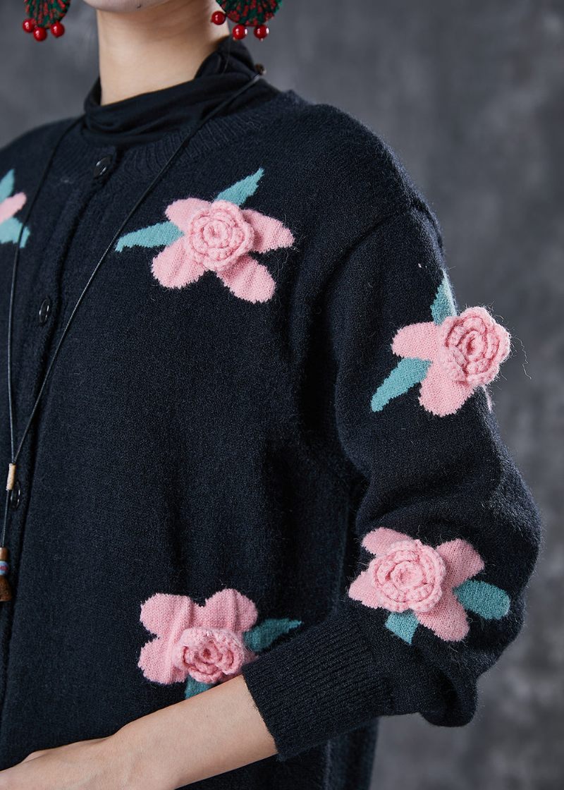 Diy Svart Stereoskopisk Blomstickad Cardigan Spring - Koftor för kvinnor