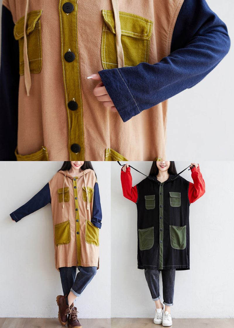 Diy Svarta Huvfickor Patchwork Linne Trench Spring - Trenchcoats för kvinnor