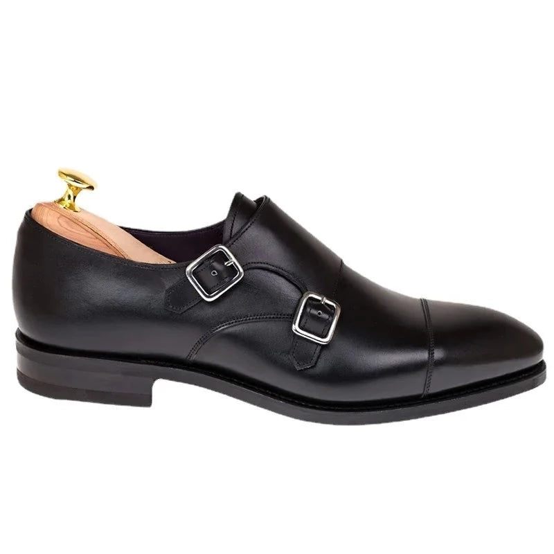 Dubbel Monk Strap Lyx Herr Skor Äkta Läder Handgjorda Designer Business Klänning För Original - Svart