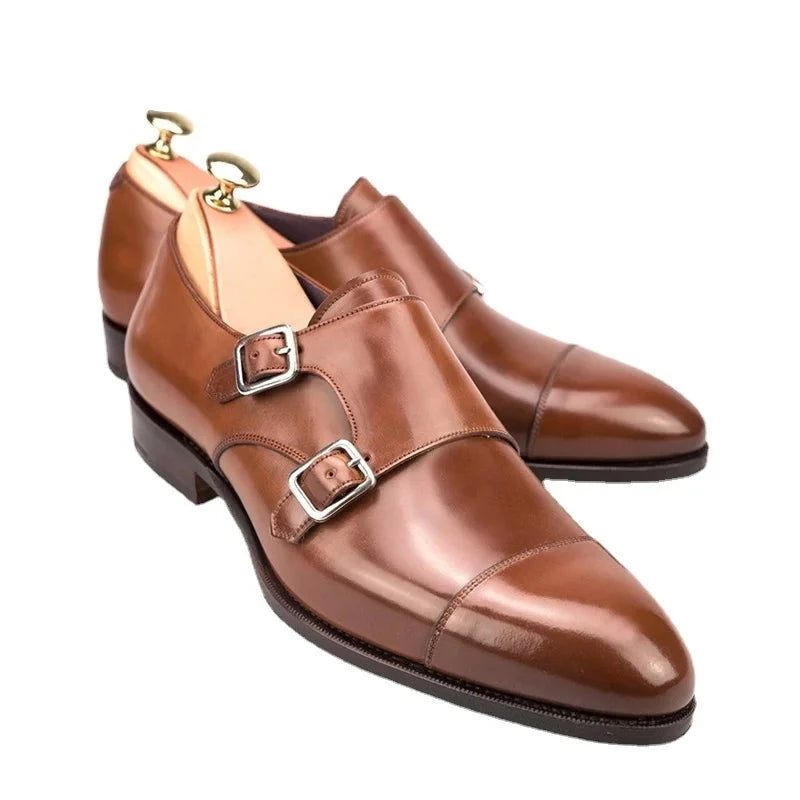 Dubbel Monk Strap Lyx Herr Skor Äkta Läder Handgjorda Designer Business Klänning För Original - Svart