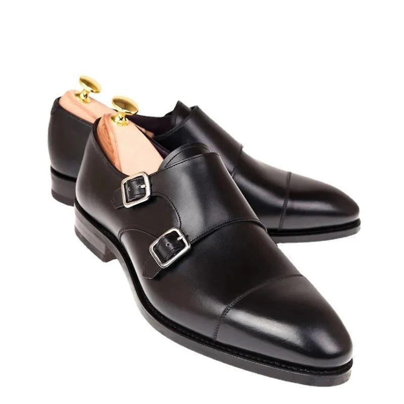 Dubbel Monk Strap Lyx Herr Skor Äkta Läder Handgjorda Designer Business Klänning För Original - Svart