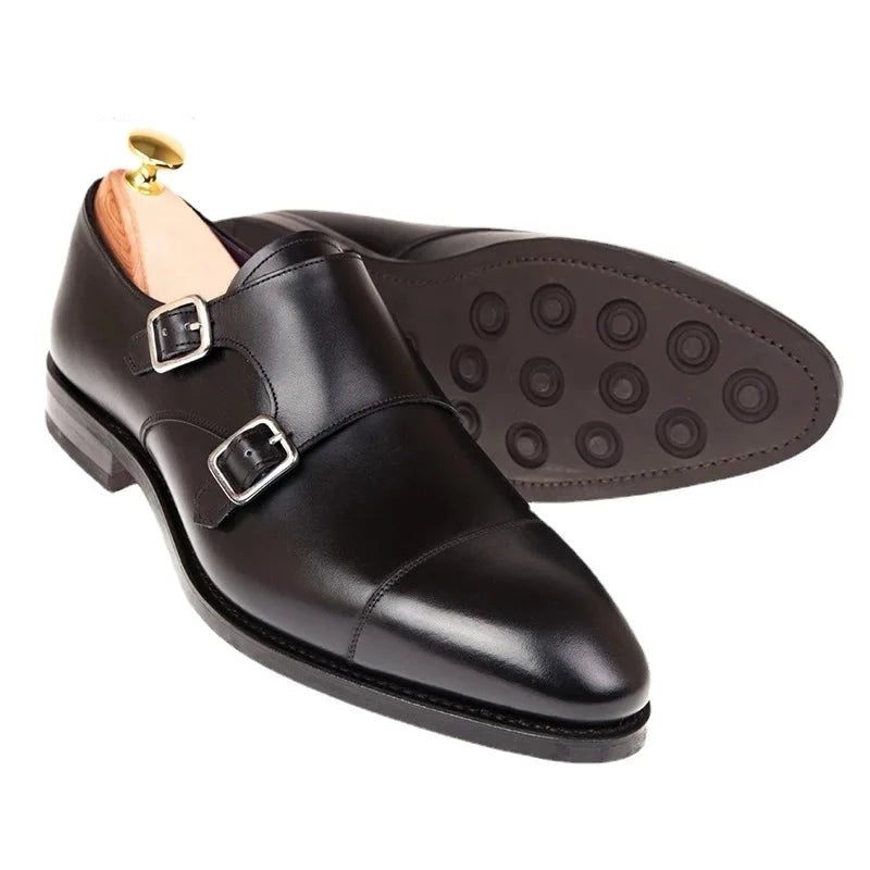 Dubbel Monk Strap Lyx Herr Skor Äkta Läder Handgjorda Designer Business Klänning För Original - Svart