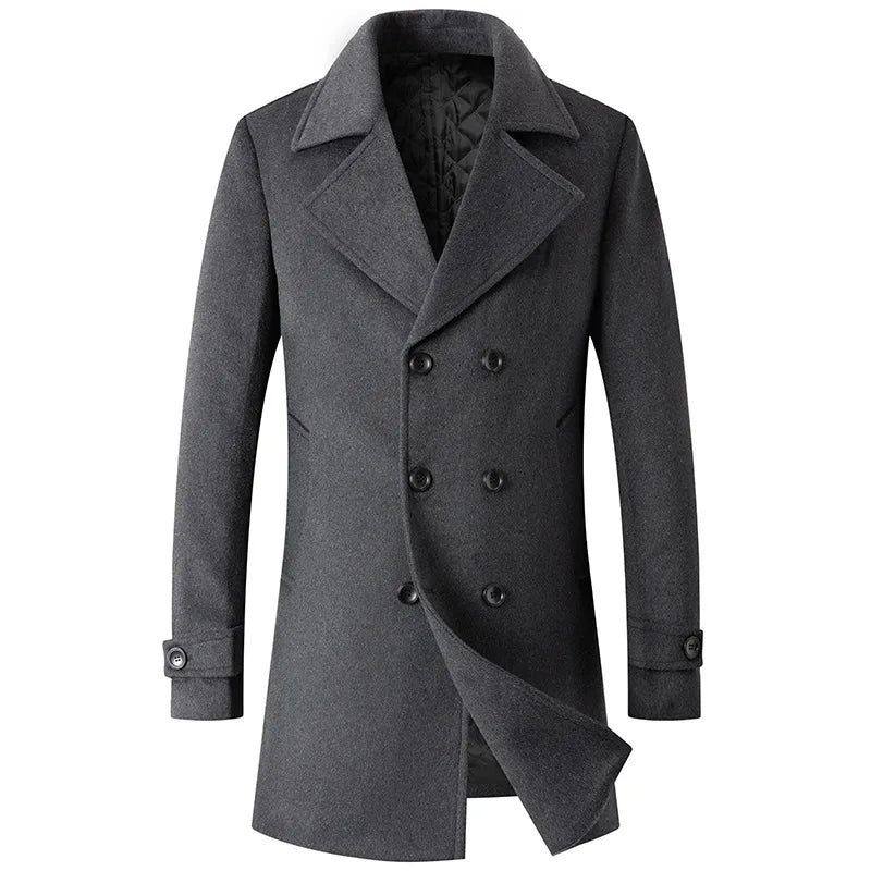 Dubbelknäppt Kappa Herr Ulljacka Lång Lapel Trench Coats Man Vinter Vindskydd Herrkläder - Svart