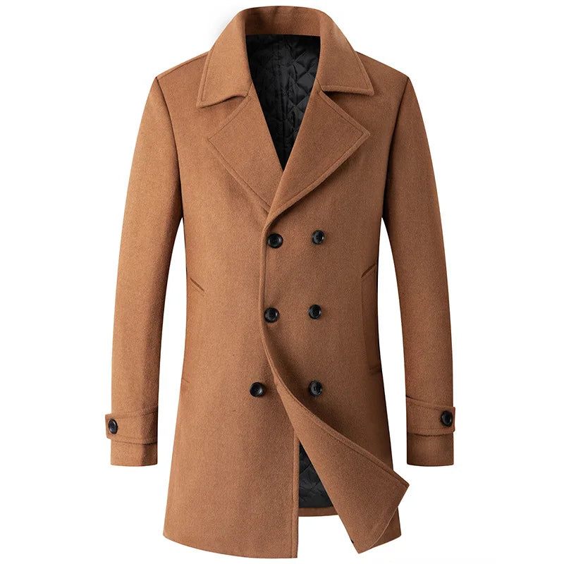 Dubbelknäppt Kappa Herr Ulljacka Lång Lapel Trench Coats Man Vinter Vindskydd Herrkläder - Svart