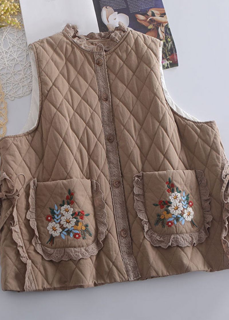 Ekologisk Beige Broderad Volang Patchwork-knyt Midjeväst Vinter - Beige