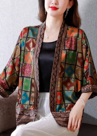 Ekologisk Colorblock Patchwork Pläd Silk Cardigan Summer