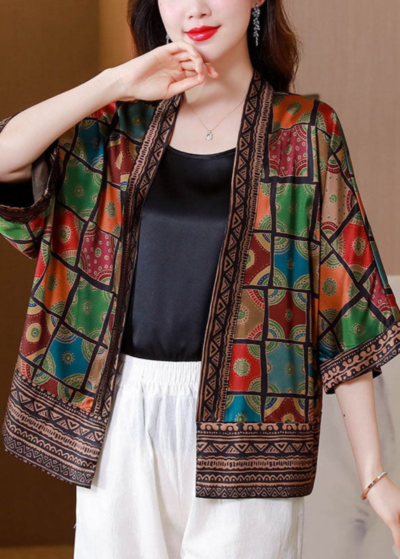 Ekologisk Colorblock Patchwork Pläd Silk Cardigan Summer - Koftor för kvinnor