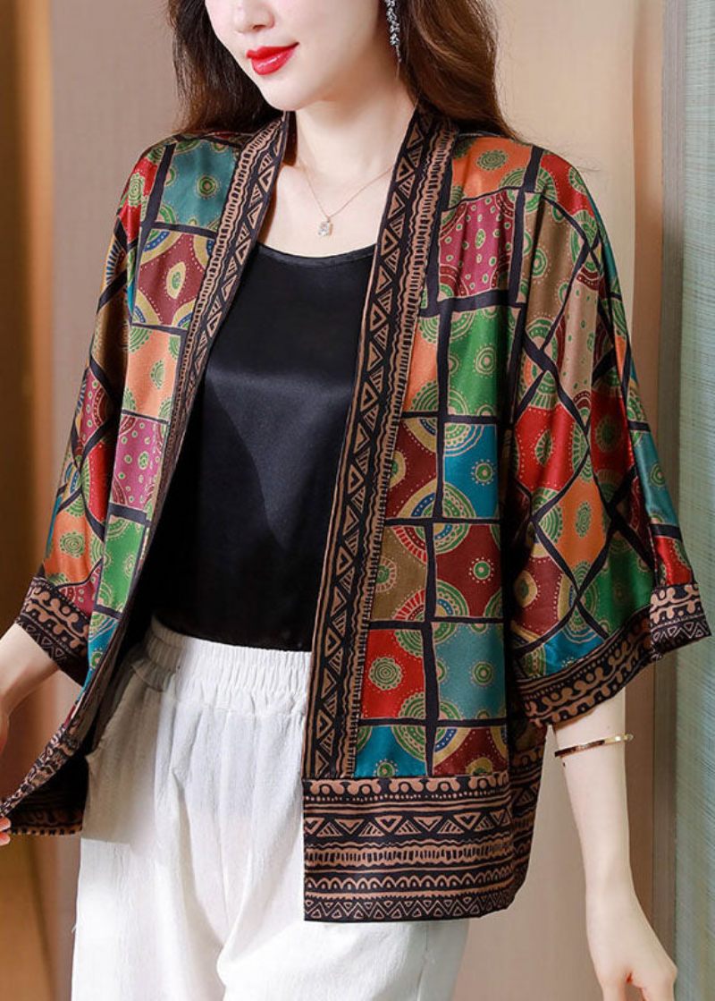 Ekologisk Colorblock Patchwork Pläd Silk Cardigan Summer - Koftor för kvinnor