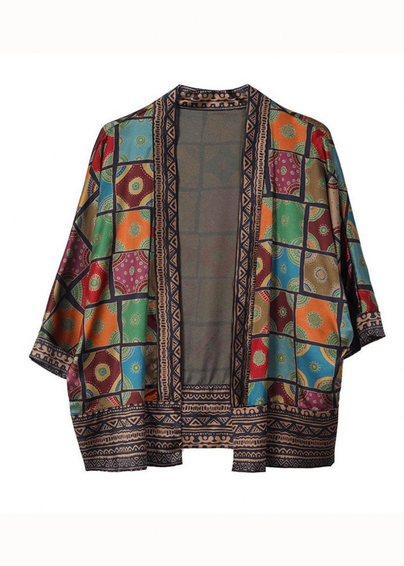 Ekologisk Colorblock Patchwork Pläd Silk Cardigan Summer - Koftor för kvinnor