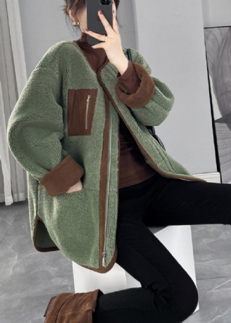 Ekologisk Grön Oversized Patchwork Fuskpäls Teddy Coat Vinter