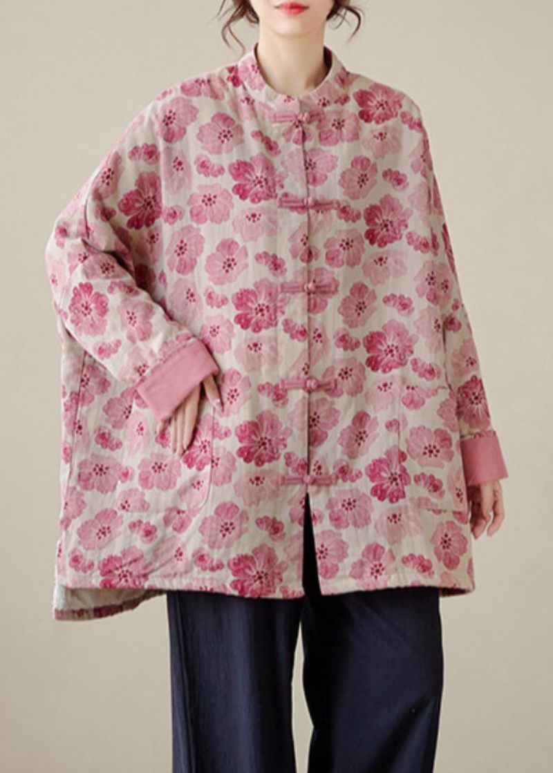 Ekologisk Rosa Oversized Print Fin Bomullsfylld Kappa Ytterkläder Vinter - Dunjackor för kvinnor