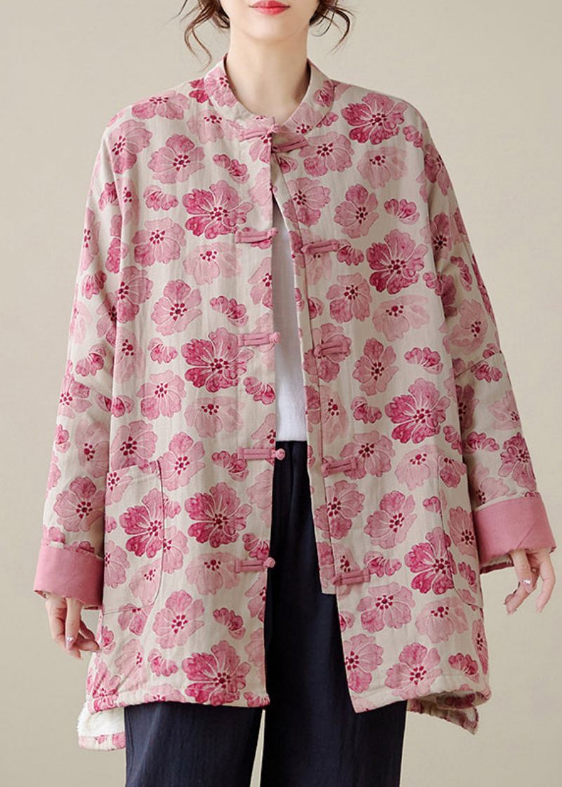 Ekologisk Rosa Oversized Print Fin Bomullsfylld Kappa Ytterkläder Vinter - Dunjackor för kvinnor