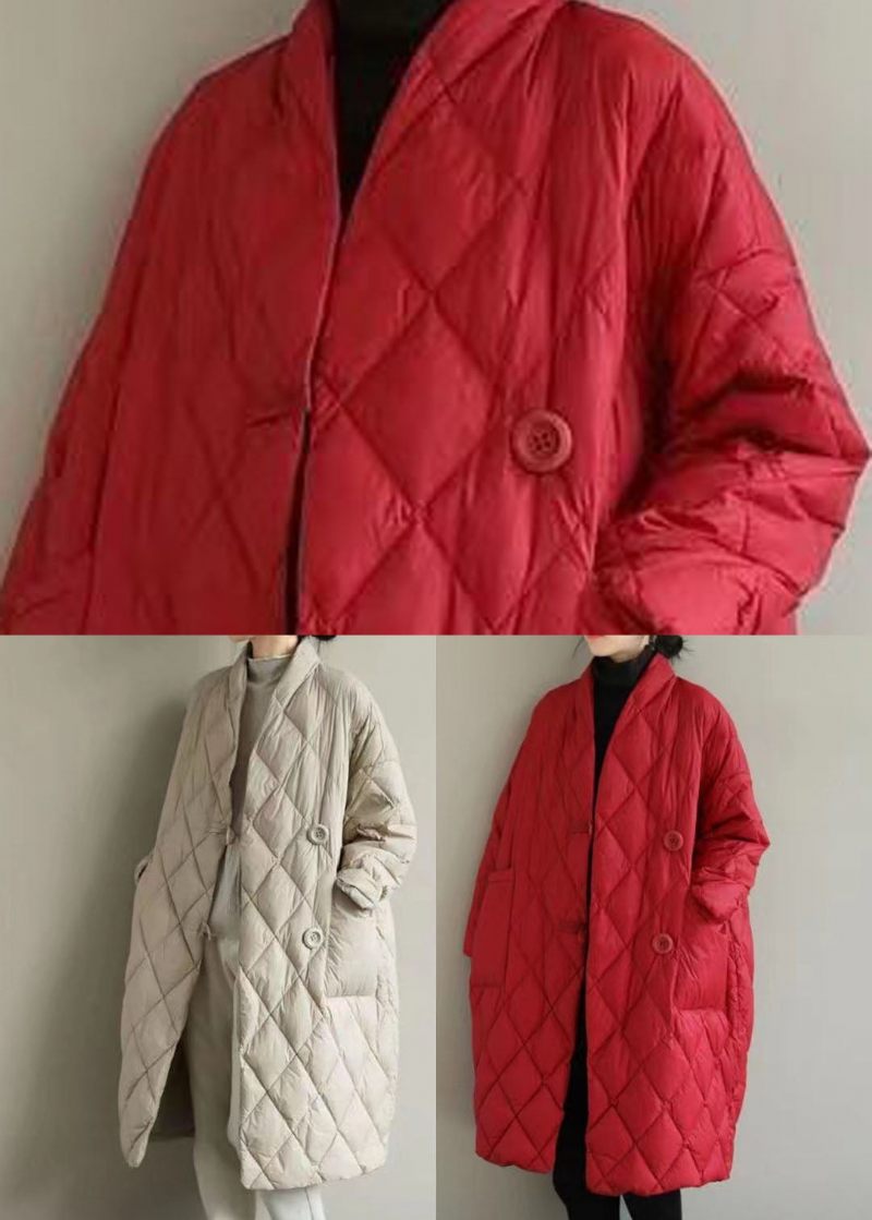 Elegant Aprikos V-halsfickor Fin Bomullsfylld Puffers Jackor Vinter - Aprikos