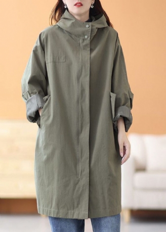 Elegant Army Green Hooded Oversized Cotton Trench Coats Spring