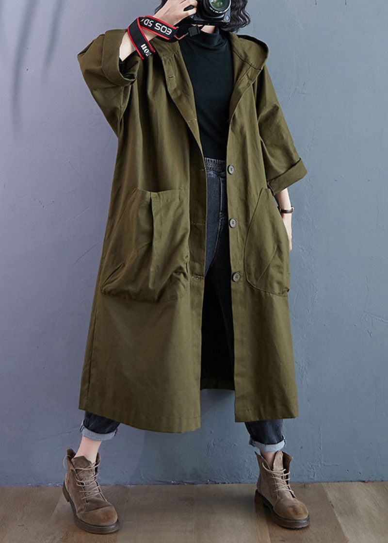 Elegant Army Green Pockets Button Fall Hooded Långärmad Trench Coats