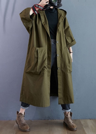 Elegant Army Green Pockets Button Fall Hooded Långärmad Trench Coats