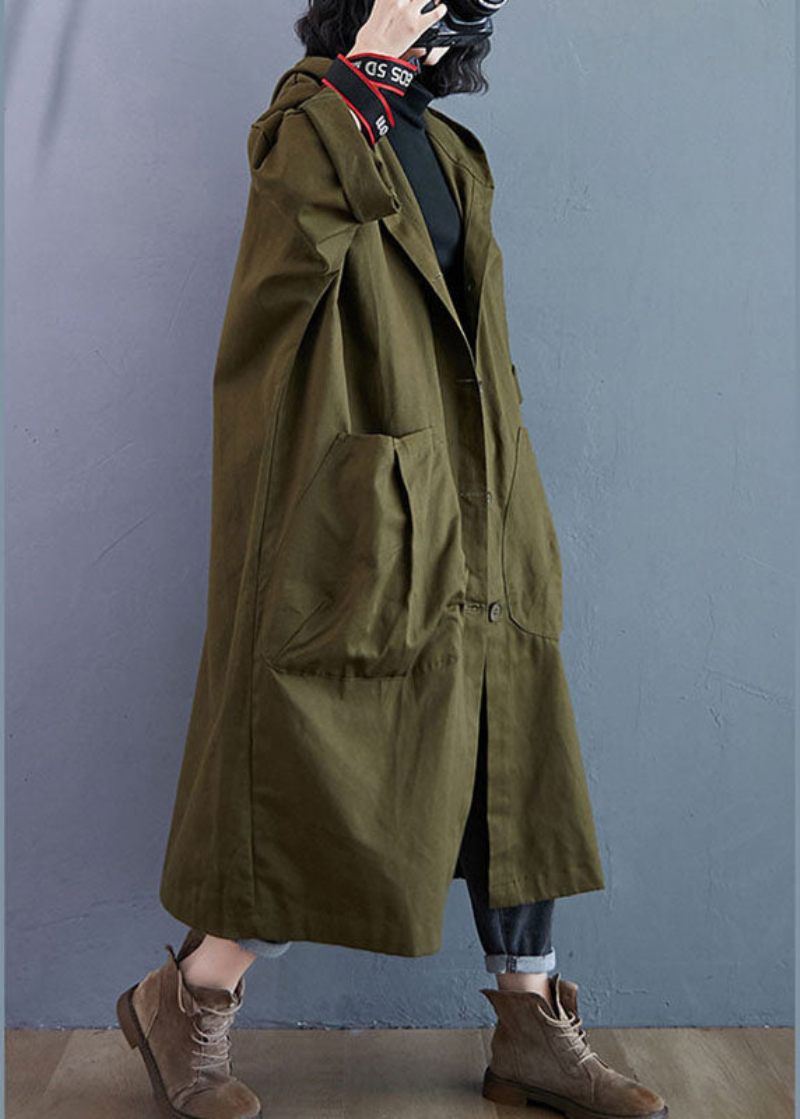 Elegant Army Green Pockets Button Fall Hooded Långärmad Trench Coats - Trenchcoats för kvinnor