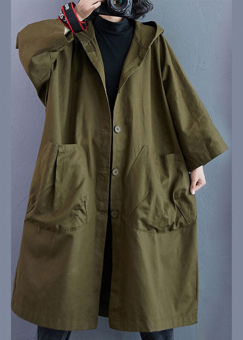 Elegant Army Green Pockets Button Fall Hooded Långärmad Trench Coats - Trenchcoats för kvinnor