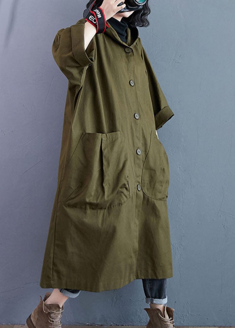 Elegant Army Green Pockets Button Fall Hooded Långärmad Trench Coats - Trenchcoats för kvinnor