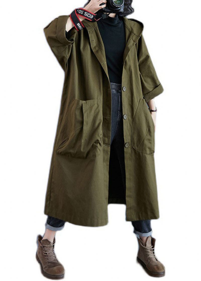 Elegant Army Green Pockets Button Fall Hooded Långärmad Trench Coats - Trenchcoats för kvinnor