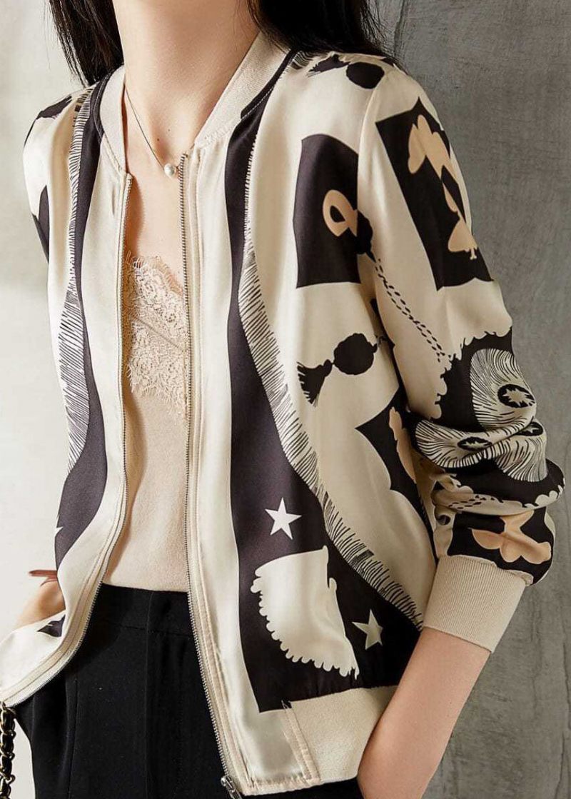 Elegant Beige V-hals Blixtlås Patchwork Print Silk Coat Spring