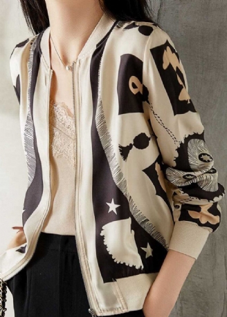 Elegant Beige V-hals Blixtlås Patchwork Print Silk Coat Spring