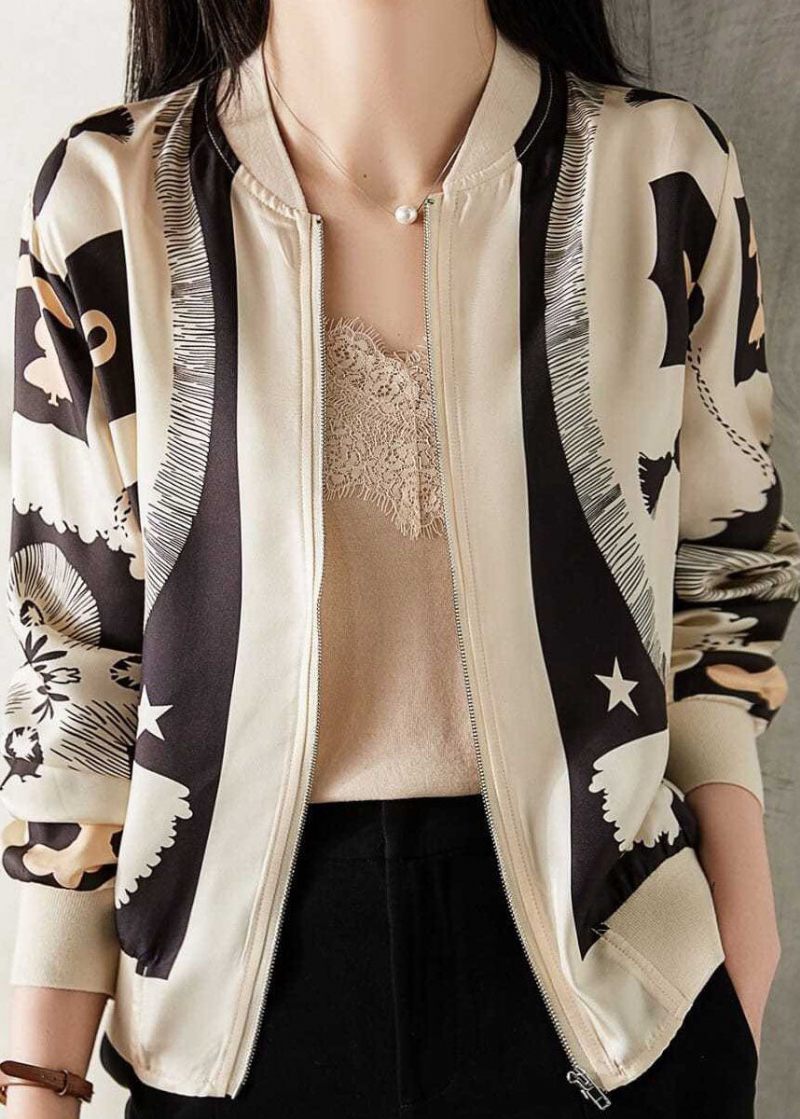 Elegant Beige V-hals Blixtlås Patchwork Print Silk Coat Spring - Vinterkappor för kvinnor