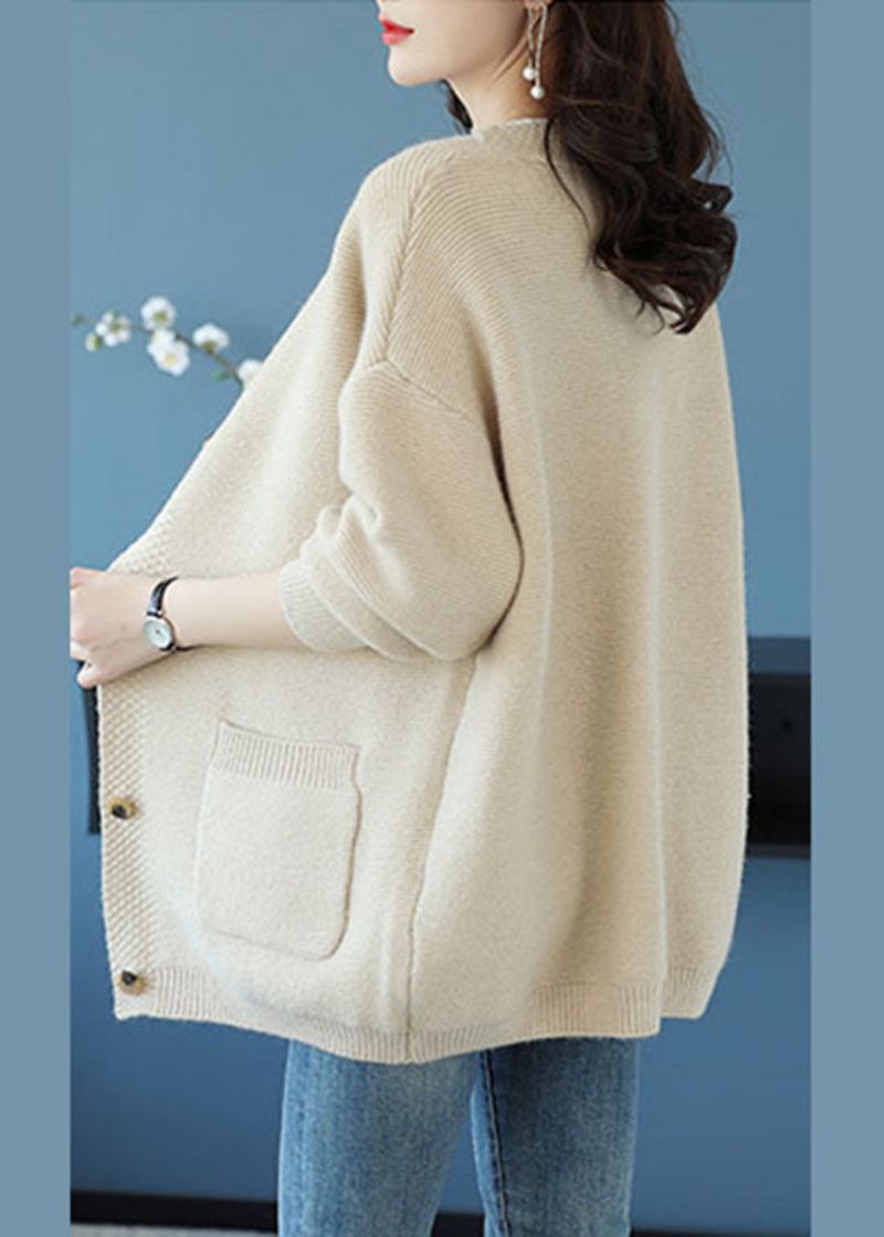 Elegant Beige V-halsfickor Patchwork Cashmere Lös Kappa Höst - Koftor för kvinnor