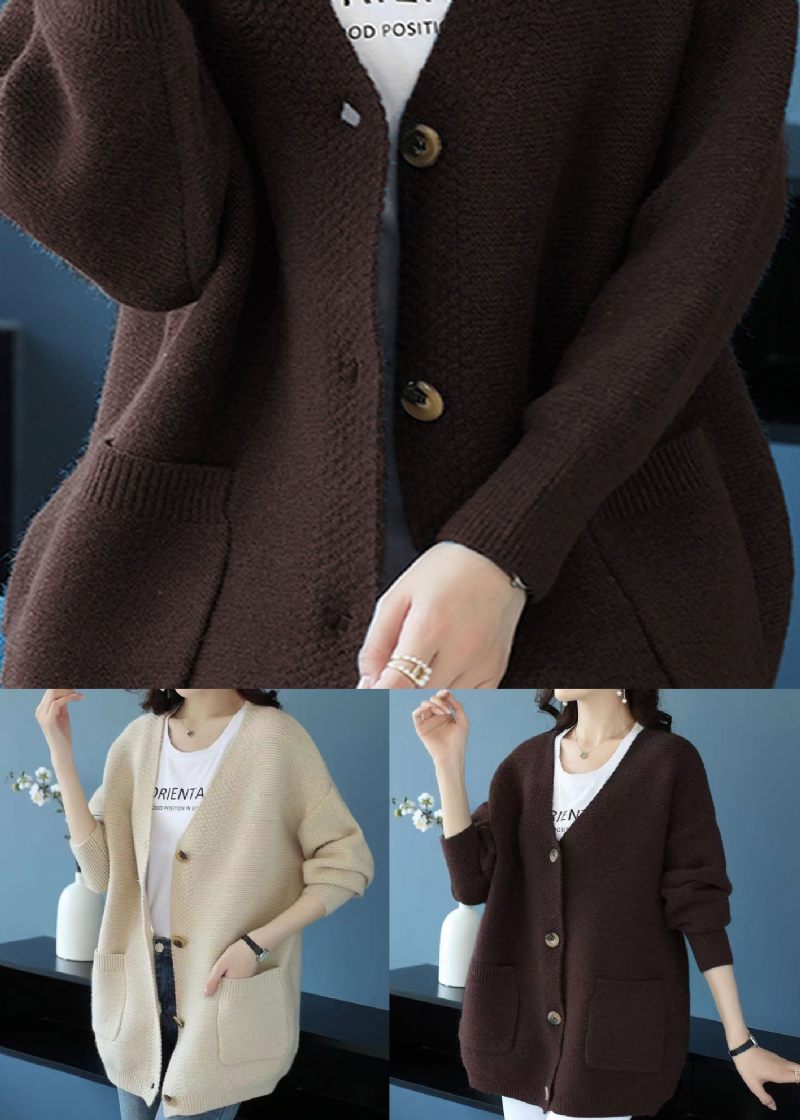 Elegant Beige V-halsfickor Patchwork Cashmere Lös Kappa Höst - Koftor för kvinnor