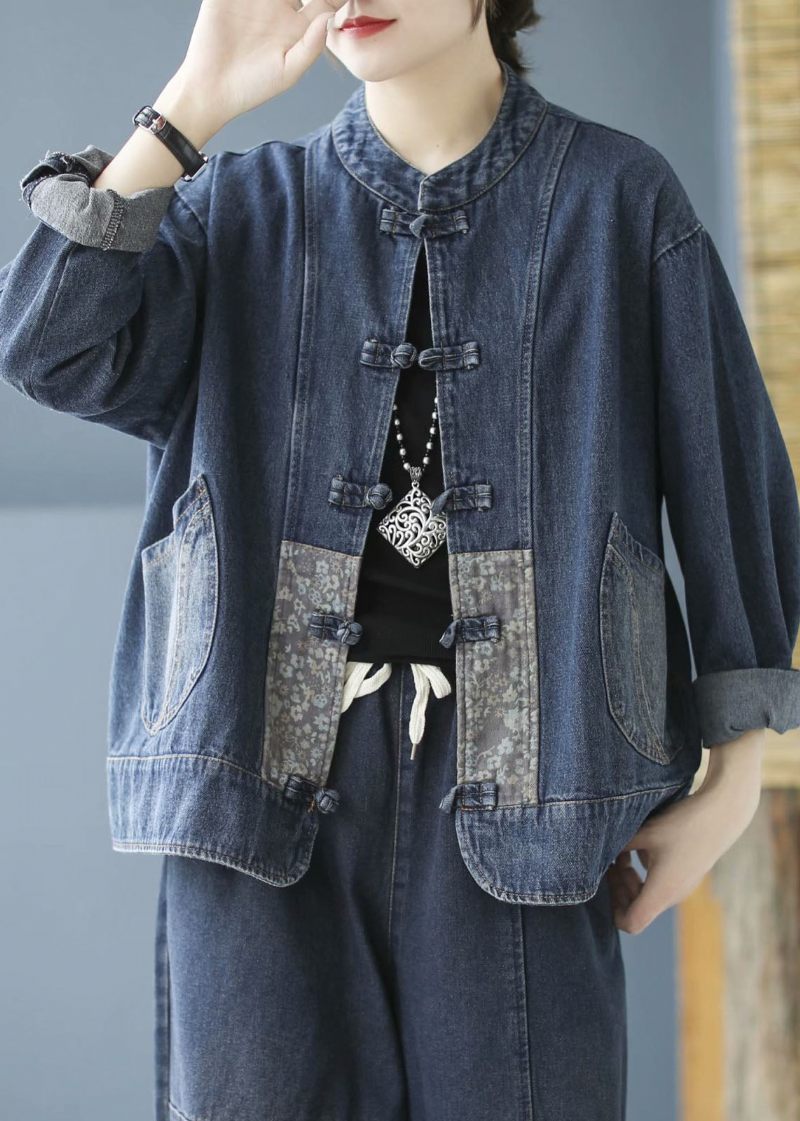 Elegant Blå Fickor Knapp Patchwork Höst Denim Långärmad Kappa